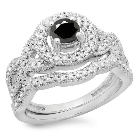 Dazzlingrock Collection 1.00 Carat (ctw) 14K Black & White Diamond Bridal Halo Engagement Ring Set 1 CT, White Gold, Size 8.5