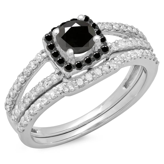 Dazzlingrock Collection 1.00 Carat (ctw) 14K Black & White Diamond Halo Bridal Engagement Ring Set 1 CT, White Gold, Size 9.5