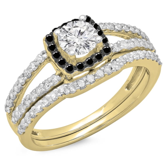 Dazzlingrock Collection 1.00 Carat (ctw) 14K Black & White Diamond Halo Bridal Engagement Ring Set 1 CT, Yellow Gold, Size 7.5
