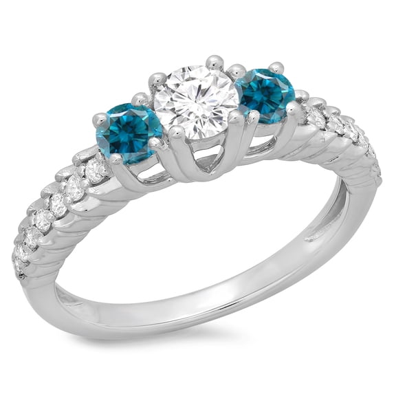 Dazzlingrock Collection 1.00 Carat (ctw) 14K Blue & White Diamond Bridal 3 Stone Engagement Ring 1 CT, White Gold, Size 6