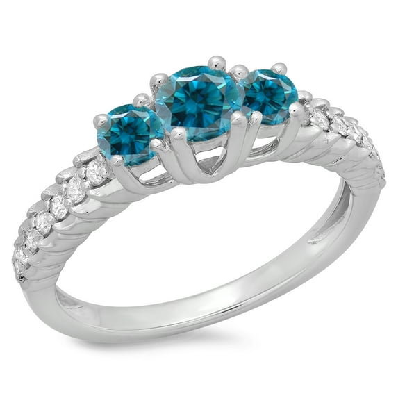 Dazzlingrock Collection 1.00 Carat (ctw) 14K Blue & White Diamond Bridal 3 Stone Engagement Ring 1 CT, White Gold, Size 9