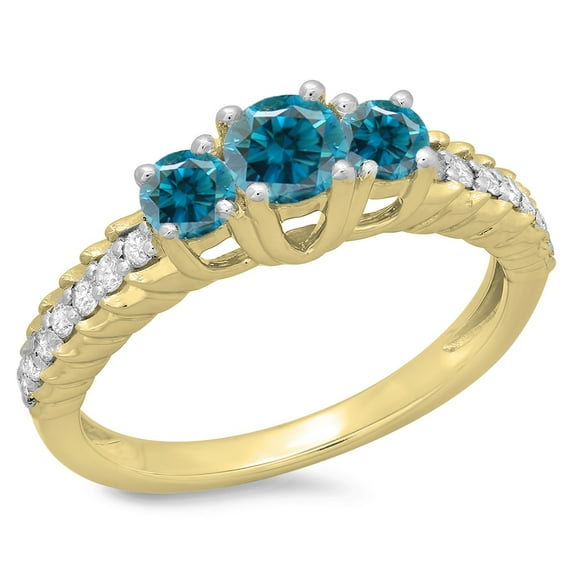 Dazzlingrock Collection 1.00 Carat (ctw) 14K Blue & White Diamond Bridal 3 Stone Engagement Ring 1 CT, Yellow Gold, Size 8