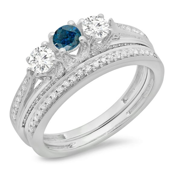 Dazzlingrock Collection 1.00 Carat (ctw) 14K Blue & White Diamond Bridal 3 Stone Engagement Ring Set 1 CT, White Gold, Size 10
