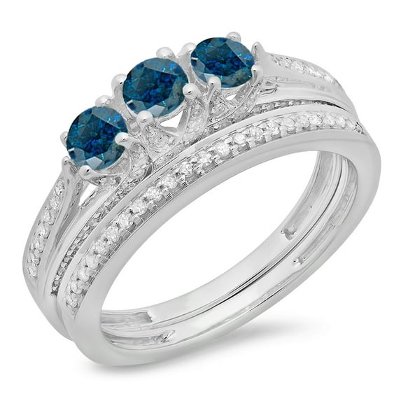 Dazzlingrock Collection 1.00 Carat (ctw) 14K Blue & White Diamond Bridal 3 Stone Engagement Ring Set 1 CT, White Gold, Size 4
