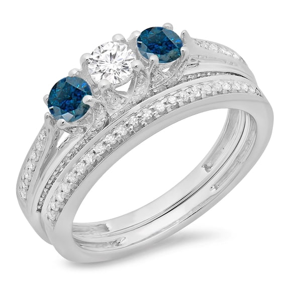 Dazzlingrock Collection 1.00 Carat (ctw) 14K Blue & White Diamond Bridal 3 Stone Engagement Ring Set 1 CT, White Gold, Size 8.5