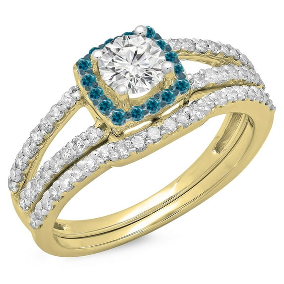 Dazzlingrock Collection 1.00 Carat (ctw) 14K Blue & White Diamond Halo Bridal Engagement Ring Set 1 CT, Yellow Gold, Size 7.5