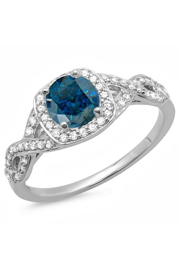 Collection 1.00 Carat (ctw) 14K Blue & White Diamond Swirl Split Shank Halo Engagement Ring, White Gold, Size 9