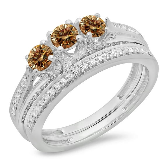 Dazzlingrock Collection 1.00 Carat (ctw) 14K Champagne And White Diamond 3 Stone Engagement Ring Set 1 CT, White Gold, Size 7