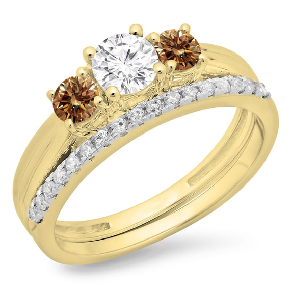 Dazzlingrock Collection 1.00 Carat (ctw) 14K Champagne & White Diamond 3 Stone Engagement Ring Set 1 CT, Yellow Gold, Size 7