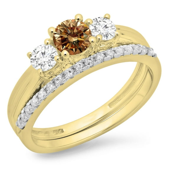 Dazzlingrock Collection 1.00 Carat (ctw) 14K Champagne & White Diamond 3 Stone Engagement Ring Set 1 CT, Yellow Gold, Size 9.5