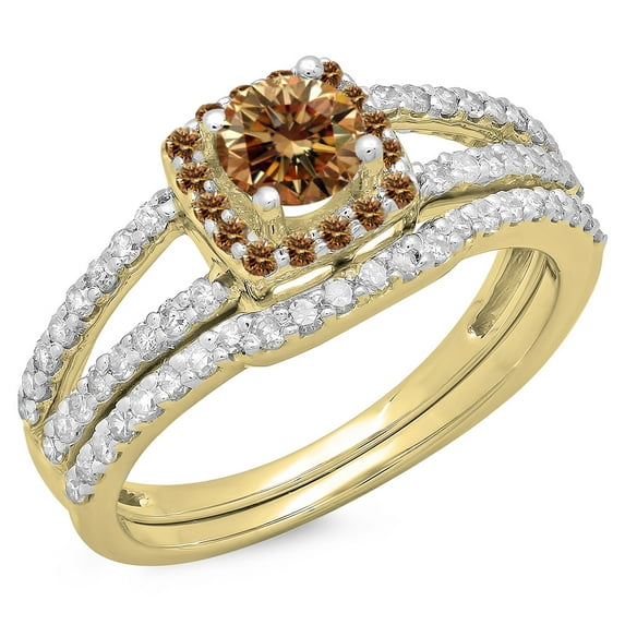 Dazzlingrock Collection 1.00 Carat (ctw) 14K Champagne & White Diamond Halo Engagement Ring Set 1 CT, Yellow Gold, Size 6