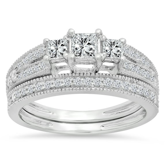 Dazzlingrock Collection 1.00 Carat (ctw) 14K Princess & Round Cut 3 Stone Diamond Engagement Ring Set 1 CT, White Gold, Size 7.5