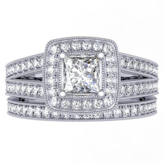 Dazzlingrock Collection 1.00 Carat (ctw) 14K Princess & Round Cut Diamond Halo Engagement Ring Set 1 CT, White Gold, Size 6.5