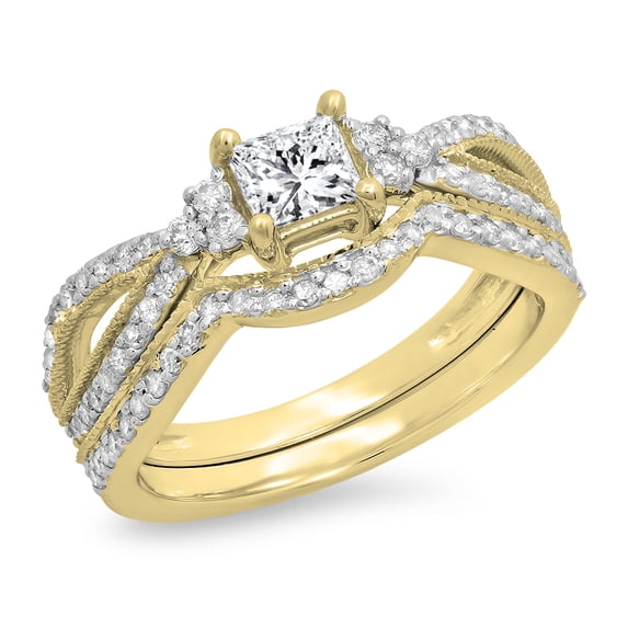Dazzlingrock Collection 1.00 Carat (ctw) 14K Princess & Round Diamond Bridal Engagement Ring Set 1 CT, Yellow Gold, Size 6.5