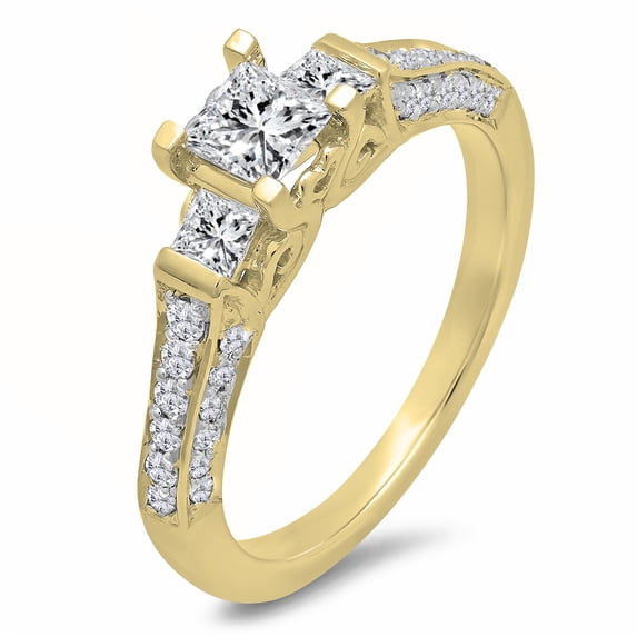 Dazzlingrock Collection 1.00 Carat (ctw) 14K Princess & Round Diamond Ladies Engagement Ring 1 CT, Yellow Gold, Size 6