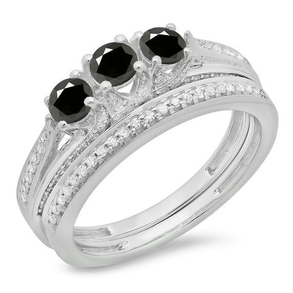 Dazzlingrock Collection 1.00 Carat (ctw) 14K Round Black & White Diamond 3 Stone Engagement Ring Set 1 CT, White Gold, Size 8