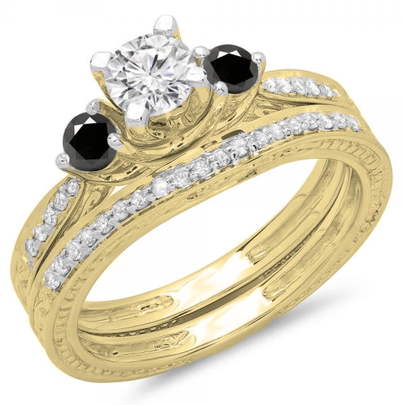 Dazzlingrock Collection 1.00 Carat (ctw) 14K Round Black & White Diamond 3 Stone Engagement Ring Set 1 CT, Yellow Gold, Size 7.5