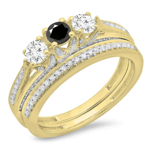 Dazzlingrock Collection 1.00 Carat (ctw) 14K Round Black & White Diamond 3 Stone Engagement Ring Set 1 CT, Yellow Gold, Size 8.5