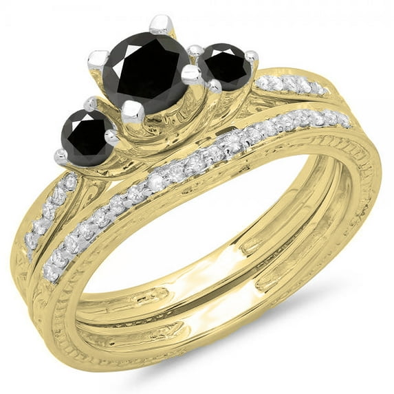 Dazzlingrock Collection 1.00 Carat (ctw) 14K Round Black & White Diamond 3 Stone Engagement Ring Set 1 CT, Yellow Gold, Size 8