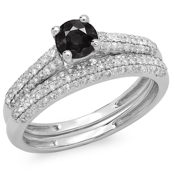 Dazzlingrock Collection 1.00 Carat (ctw) 14K Round Black & White Diamond Bridal Engagement Ring Set 1 CT, White Gold, Size 7