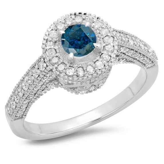Dazzlingrock Collection 1.00 Carat (ctw) 14K Round Blue & White Diamond Bridal Halo Engagement Ring 1 CT, White Gold, Size 4.5