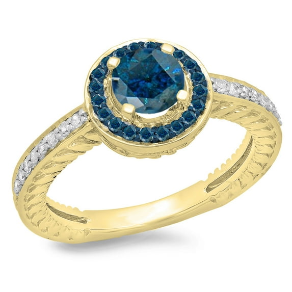 Dazzlingrock Collection 1.00 Carat (ctw) 14K Round Blue & White Diamond Bridal Halo Engagement Ring 1 CT, Yellow Gold, Size 6.5