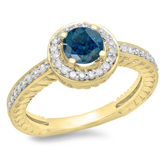 Dazzlingrock Collection 1.00 Carat (ctw) 14K Round Blue & White Diamond Bridal Halo Engagement Ring 1 CT, Yellow Gold, Size 6