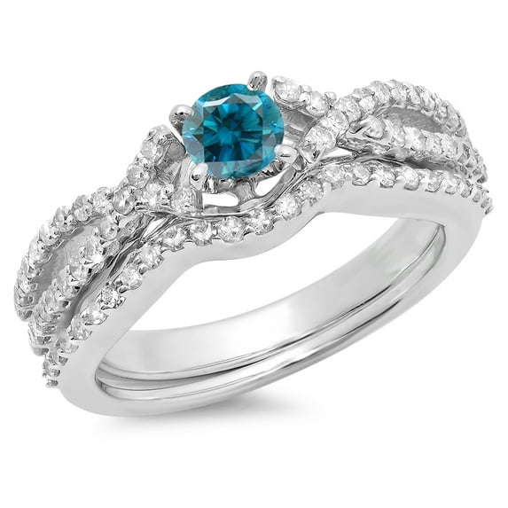 Dazzlingrock Collection 1.00 Carat (ctw) 14K Round Blue & White Diamond Split Shank Bridal Ring Set 1 CT, White Gold, Size 7