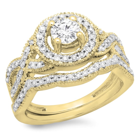 Dazzlingrock Collection 1.00 Carat (ctw) 14K Round Cut Diamond Swirl Bridal Halo Engagement Ring Set 1 CT, Yellow Gold, Size 8.5