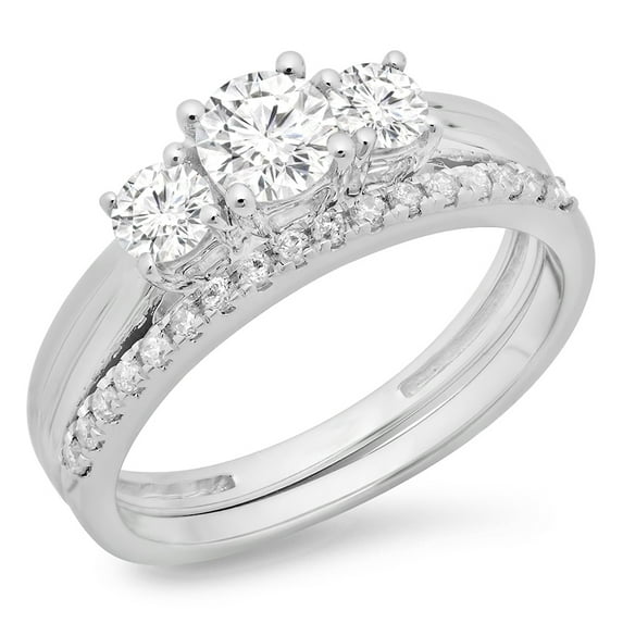 Dazzlingrock Collection 1.00 Carat (ctw) 14K Round Diamond 3 Stone Engagement Ring Matching Band Set 1 CT, White Gold, Size 10