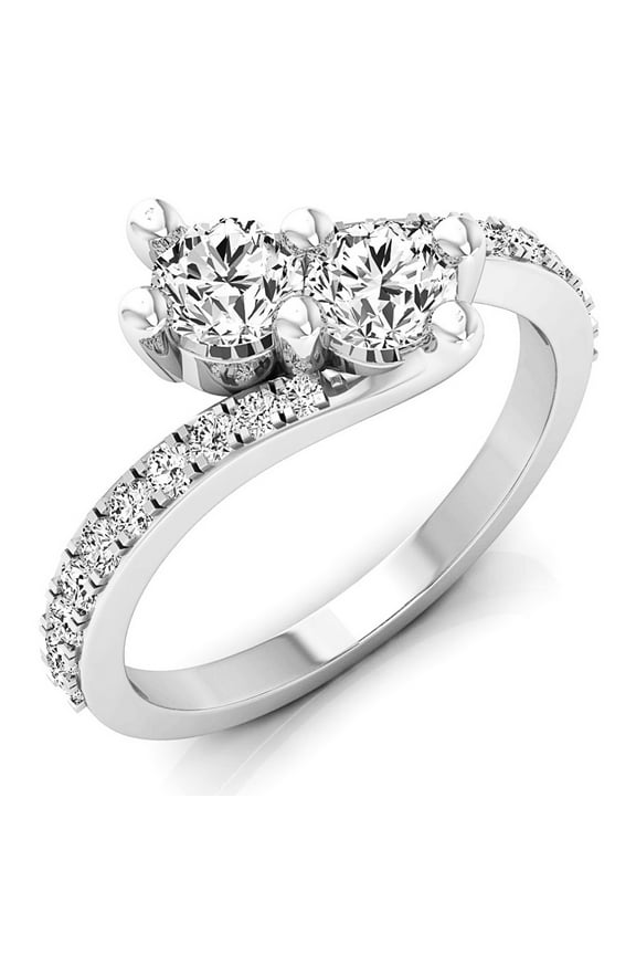 Collection 1.00 Carat (ctw) 14K Round Diamond Ladies Two Stone Bridal Engagement Ring 1 CT, White Gold, Size 6.5