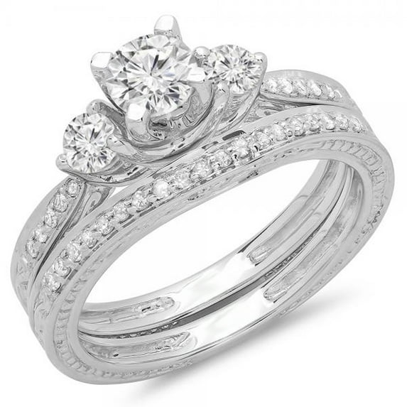 Dazzlingrock Collection 1.00 Carat (ctw) 14K Round Diamond Ladies Vintage 3 Stone Bridal Engagement Ring With Matching Band Set 1 CT, White Gold, Size 7