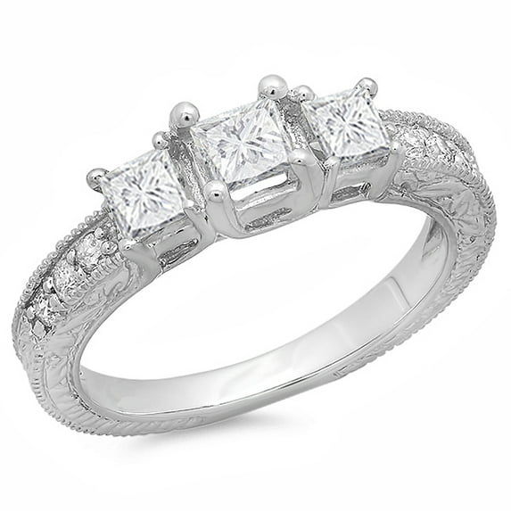 Dazzlingrock Collection 1.00 Carat (ctw) 14k Princess & Round Diamond Ladies 3 Stone Bridal Engagement Ring 1 CT, White Gold, Size 5.5