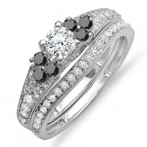 Dazzlingrock Collection 1.00 Carat (ctw) 14k Round Black And White Diamond Ladies Bridal Engagement Ring Matching Band Set 1 CT, White Gold, Size 8.5