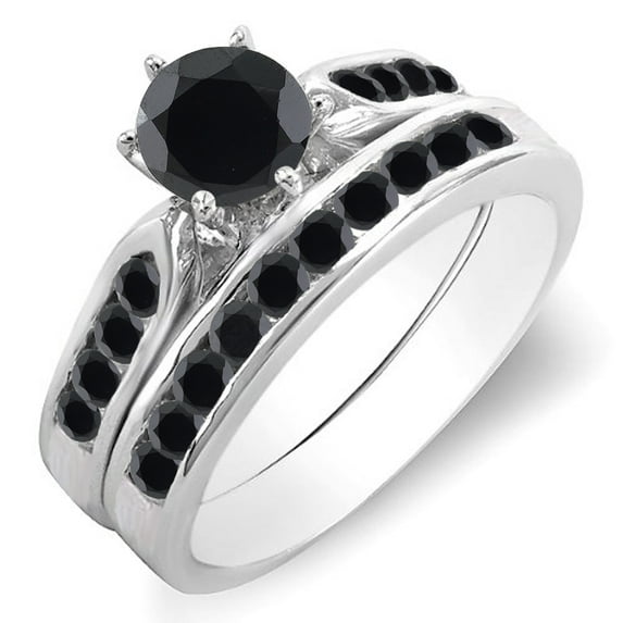 Dazzlingrock Collection 1.00 Carat (ctw) 14k Round Black Diamond Ladies Bridal Engagement Ring Set 1 CT, White Gold, Size 5.5