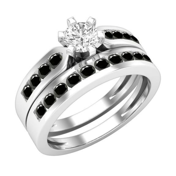 Dazzlingrock Collection 1.00 Carat (ctw) 14k Round Black & White Diamond Bridal Engagement Ring Set 1 CT, White Gold, Size 6
