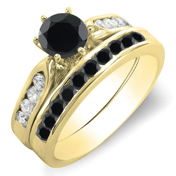 Dazzlingrock Collection 1.00 Carat (ctw) 14k Round Black & White Diamond Bridal Engagement Ring Set 1 CT, Yellow Gold, Size 6