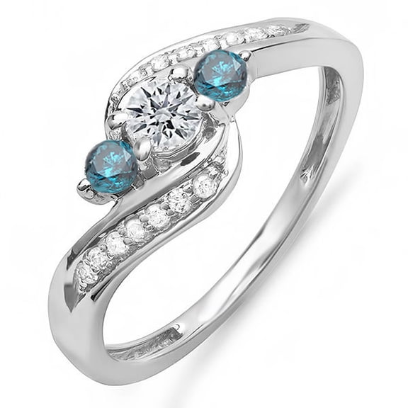 Dazzlingrock Collection 1.00 Carat (ctw) 14k Round Blue And White Diamond Ladies Swirl Engagement 3 Stone Bridal Ring 1 CT, White Gold, Size 6.5