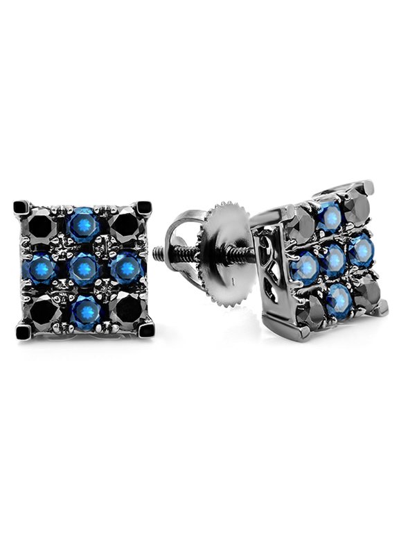 Collection 1.00 Carat (ctw) 14k Round Blue & Black Diamond Men's Square Shaped Stud Earrings 1 CT, White Gold