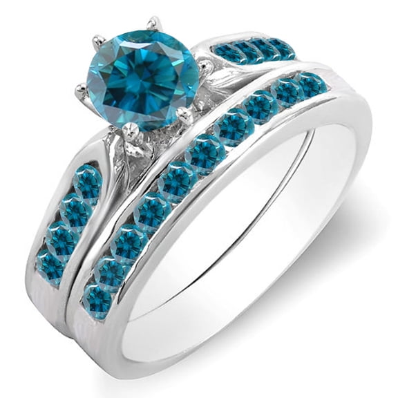 Dazzlingrock Collection 1.00 Carat (ctw) 14k Round Blue Diamond Ladies Bridal Engagement Ring Set 1 CT, White Gold, Size 9