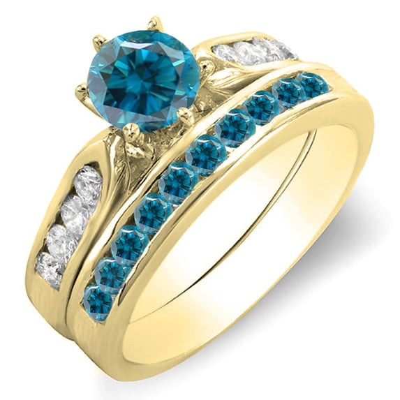 Dazzlingrock Collection 1.00 Carat (ctw) 14k Round Blue & White Diamond Bridal Engagement Ring Set 1 CT, Yellow Gold, Size 9
