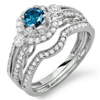 Dazzlingrock Collection 1.00 Carat (ctw) 14k Round Blue & White Diamond Ladies Halo Bridal Engagement Ring Set Matching Band 0.40 CT Center included, White Gold, Size 7
