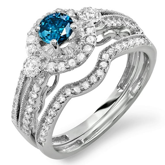 Dazzlingrock Collection 1.00 Carat (ctw) 14k Round Blue & White Diamond Ladies Halo Bridal Engagement Ring Set Matching Band 0.40 CT Center included, White Gold, Size 6