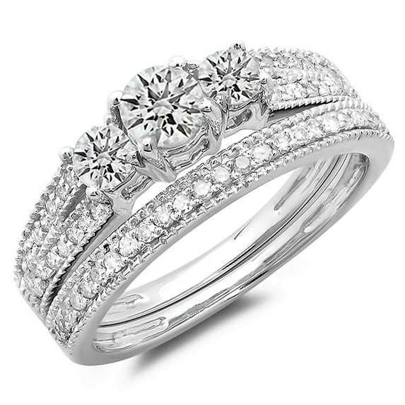 Dazzlingrock Collection 1.00 Carat (ctw) 14k Round Diamond Ladies 3 Stone Split Shank Bridal Engagement Ring Matching Band Set 1 CT, White Gold, Size 8.5