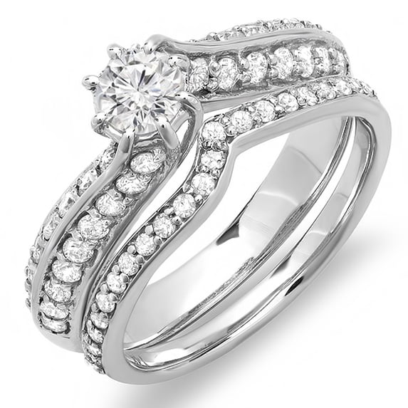 Dazzlingrock Collection 1.00 Carat (ctw) 14k Round Diamond Ladies Bridal Engagement Ring Set with Matching Band 1 CT, White Gold, Size 9