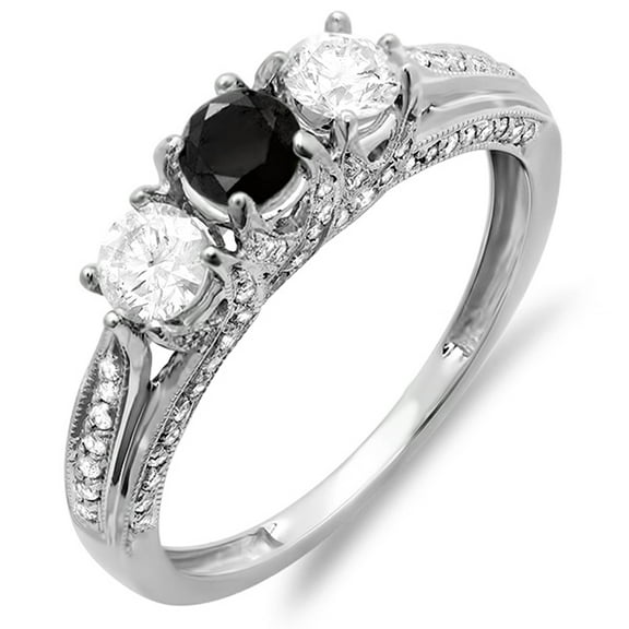 Dazzlingrock Collection 1.00 Carat (ctw) 14k Round White And Black Diamond Ladies Vintage Bridal 3 Stone Engagement Ring, White Gold, Size 6.5