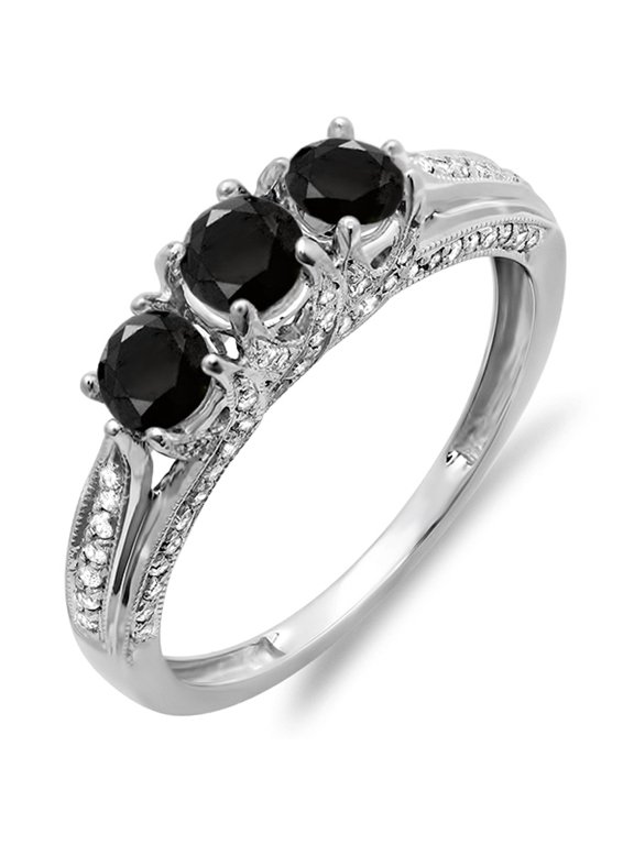 Collection 1.00 Carat (ctw) 14k Round White And Black Diamond Ladies Vintage Bridal 3 Stone Engagement Ring, White Gold, Size 7