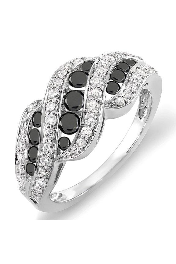 Collection 1.00 Carat (ctw) 14k Round White And Black Dimaond Ladies Cocktail Right Hand Ring 1 CT, White Gold, Size 5