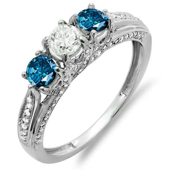 Dazzlingrock Collection 1.00 Carat (ctw) 14k Round White And Blue Diamond Ladies Vintage Bridal 3 Stone Engagement Ring, White Gold, Size 8