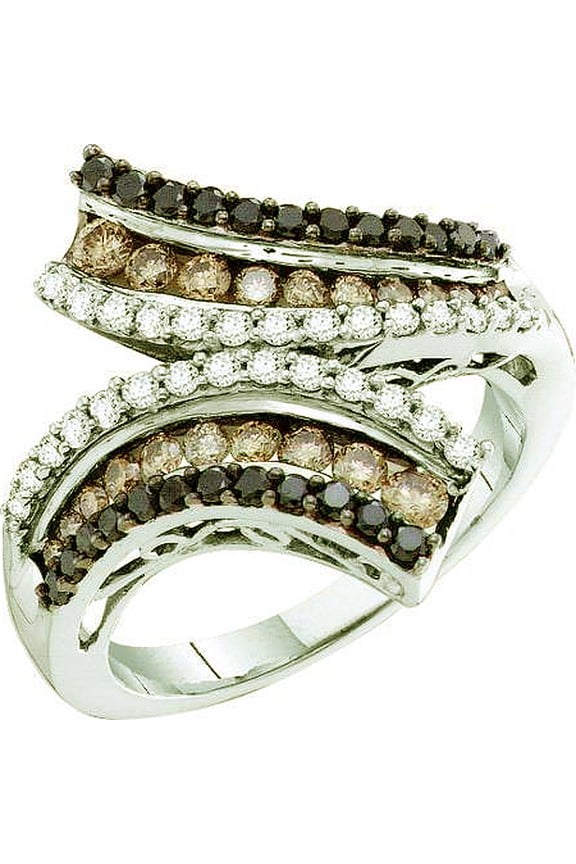 Collection 1.00 Carat (ctw) 14k Round White, Black & Brown Diamond Ladies Cocktail Right Hand Band Ring, White Gold